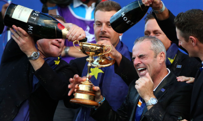 Captain Paul McGinley leads Europes Ryder Cup celebrations at Gleneagles. The golf showcase was also a big success for broadcaster BSkyB.
