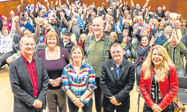 Front, from left: Pete Wishart MP; Sheila McCole, Women for Independence; co-organiser Jen Spark; Gordon Mackay, Labour for Independence; Russ Denny, Veterans for Scottish Independence 2.0; and Lorna Waite, writer and researcher.