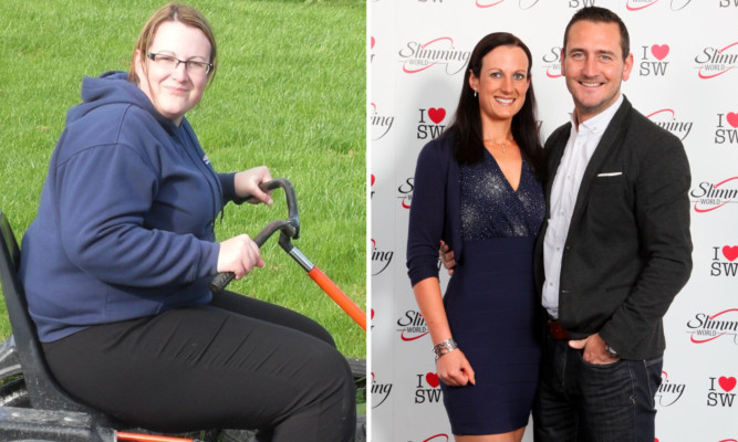 Dianne before her slimming effort and (right) with actor Will Mellor at the Slimming World event.