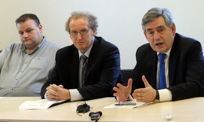 From left: Colin Cuthbert, shop steward at the Leven factory, Lindsay Roy and Gordon Brown.