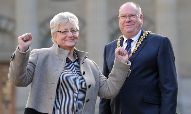 Joyce McIntosh with lord provost Bob Duncan in City Square.