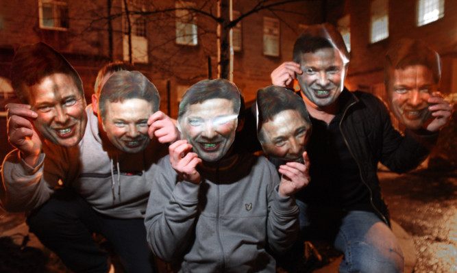 Paul Mann, Billy Hoon and Iain Brown with Craig Whyte masks.