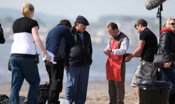 Brian Cox filming the new series of Bob Servant on Broughty Ferry beach.