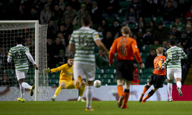 Gary Mackay-Steven fails to convert his early chance against Celtic.