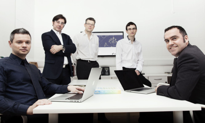 From left, Adrian Schreyer, Andrew Hopkins, Willem van Hoorn, Jérémy Besnard and Richard Bickerton of ex scientia, which has struck a $4.8m deal with US pharmaceutical company Sunovion Pharmaceuticals.