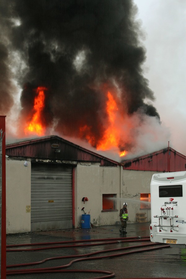 Pic shows the fire at Perthshire Caravan Company, Errol.