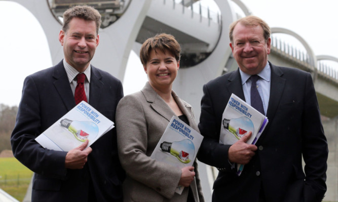 Scottish Conservative leader Ruth Davidson launches her party's energy policy paper - Power With Responsibility with Murdo Fraser MSP (right) and Struan Stevenson MEP (left) at the Falkirk Wheel.