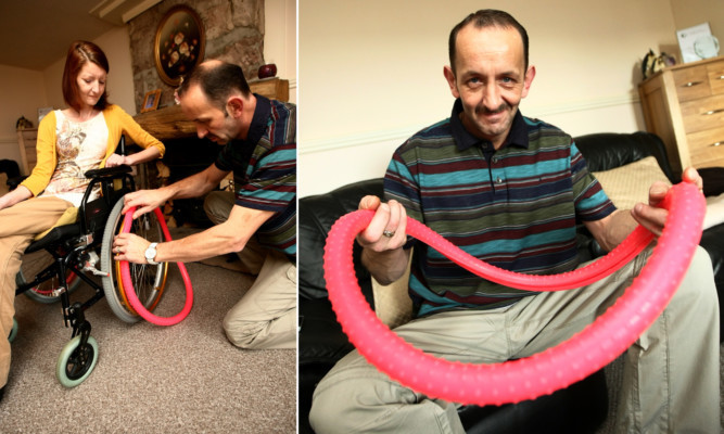 From left: Paul Lawson attaches a Grippoz to his partner Diana Stewarts chair and (right) Paul with his invention.