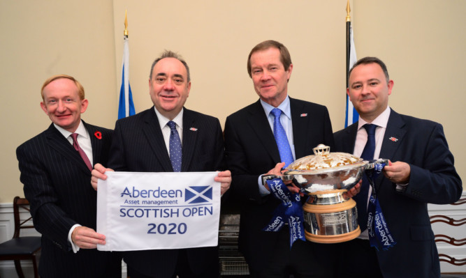 The Scottish Open deal was announced yesterday at Bute House in Edinburgh. From left: VisitScotland chairman Mike Cantley, First Minister Alex Salmond, European Tour chief executive George OGrady and Stephen Docherty, head of global equities for Aberdeen Asset Management.