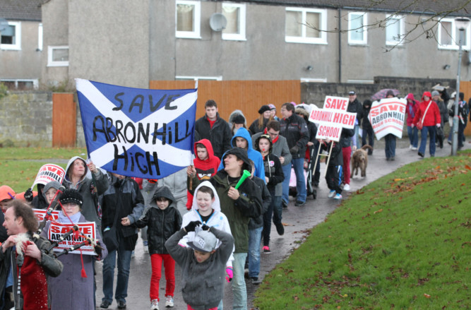 Demonstrations against the closure of Abronhill High School in Cumbernauld were held by locals.