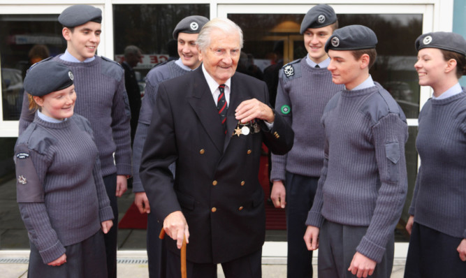 Len Trevallion at the lunch to celebrate his 100th birthday at McDiarmid Park, Perth. He was given a guard of honour by cadets from 1743 Sqn Crieff Air Cadets.