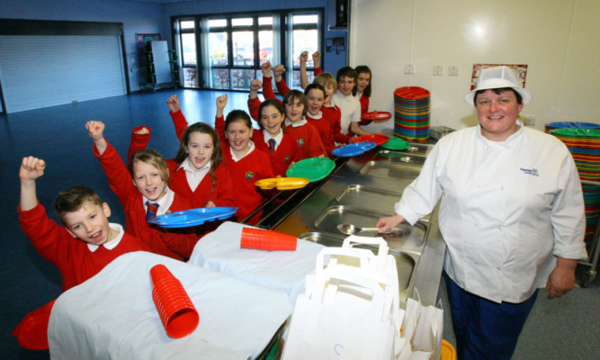 Wendy McIntosh with pupils at Burnside Primary in Carnoustie.