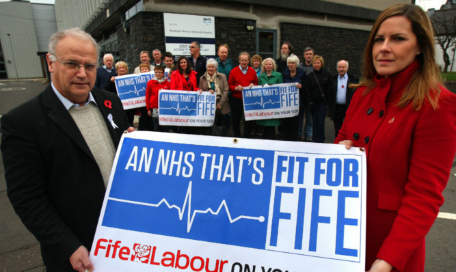 Randolph Wemyss Memorial Hospital in Buckhaven, where members of the Labour Party launched an NHS petition. David Ross, leader of Fife Council, and Melanie Ward with other MPs, MSPs and councillors.