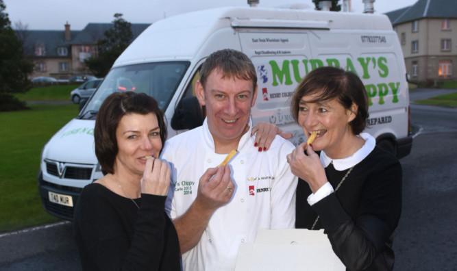 Anstruther chip shop owners Irene and Murray Cameron with Monaco cultural exchange ambassador Anita di Sotto (right).
