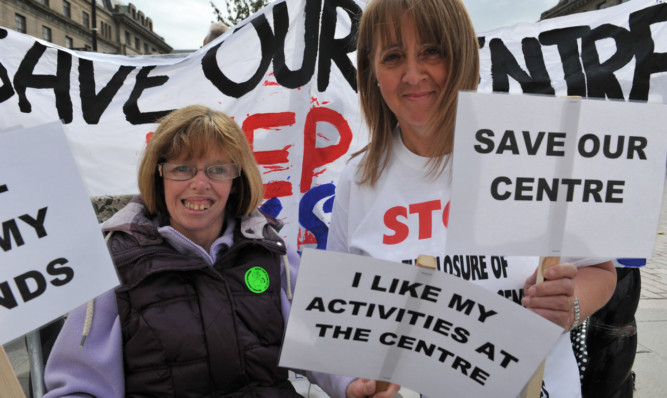Service user Jennifer Baxter and full-time carer Jane Smith at a demonstration in support of the Kemback Street Adult Resource Centre in September.