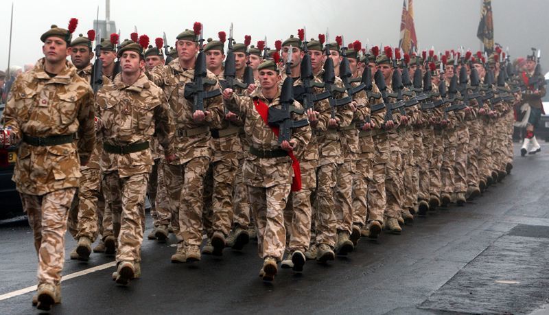 Members of The Black Watch, 3rd Battalion, Royal Regiment of Scotland, parade through Aberfeldy.     Scenes from the parade.