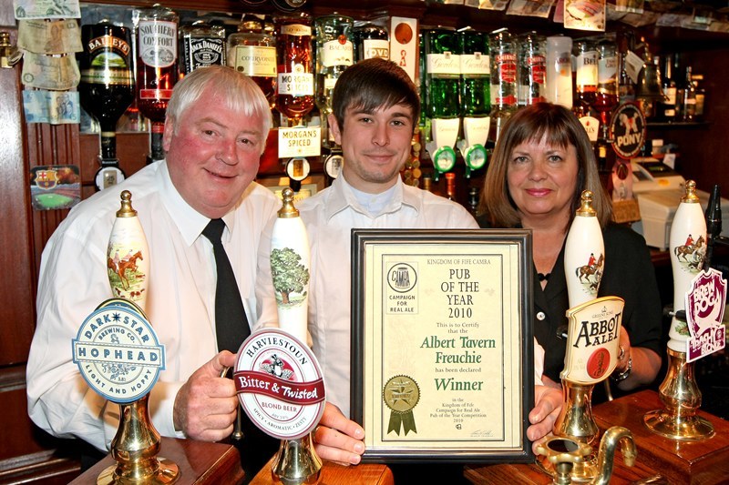 Kim Cessford, Courier - 07.06.10 - the Albert Tavern in Freuchie are winners of the Fife Pub of the Year 2010 - pictured are owners l to r - Robbie Hunter,  Callum MacKay and Pat Hunter