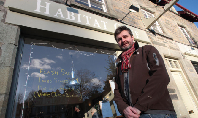 Mike Haggerton outside his Habitat Café in Aberfeldy.