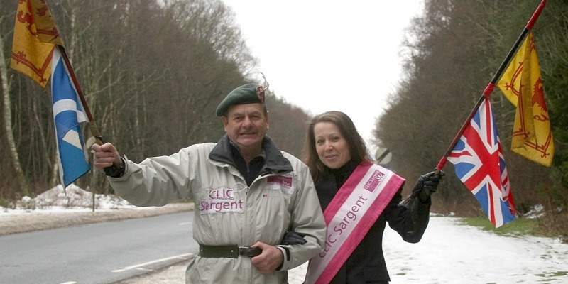 Kim Cessford, Courier - 04.01.11 - Bobby Campbell continues his marathon trek raising money for CLIC Sargent, Ward 29 Ninewells Hospital - pictured at the Edzell Arch are l to r - Bobby Campbell and Marie Christie (CLIC Sargent Nurse Specialist)