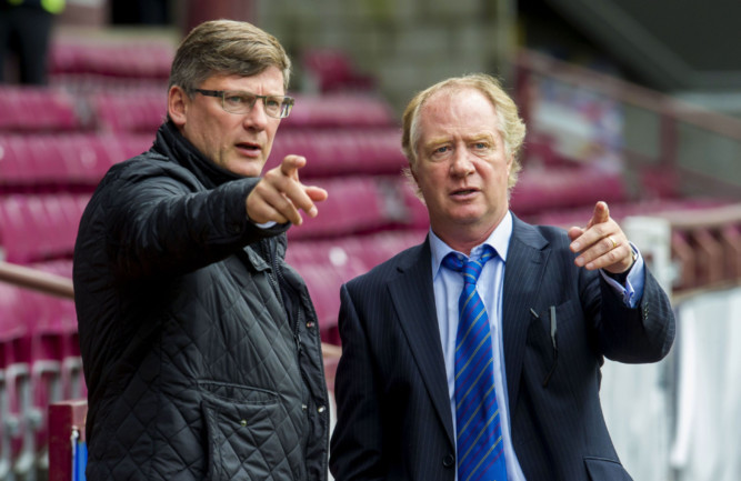 Cowdenbeath manager Jimmy Nicholl with Hearts director of football Craig Levein (left) when the teams last met.