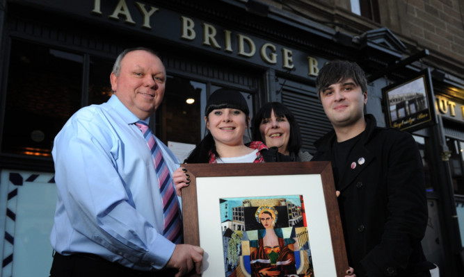 Jimmy Marr, and Alice, Peggy and Matthew Marra with the painting.