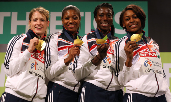 Relay gold medallists Eilidh Child, Shana Cox, Christine Ohuruogu and Perri Shakes-Drayton.