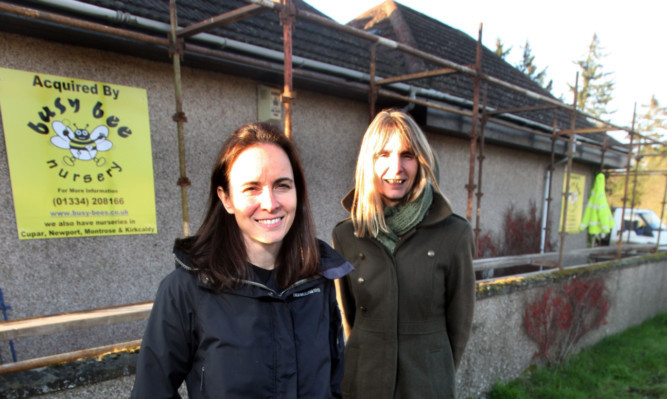 Carol Craig and Jennifer Martin in front of the new premises in Strathkinness.