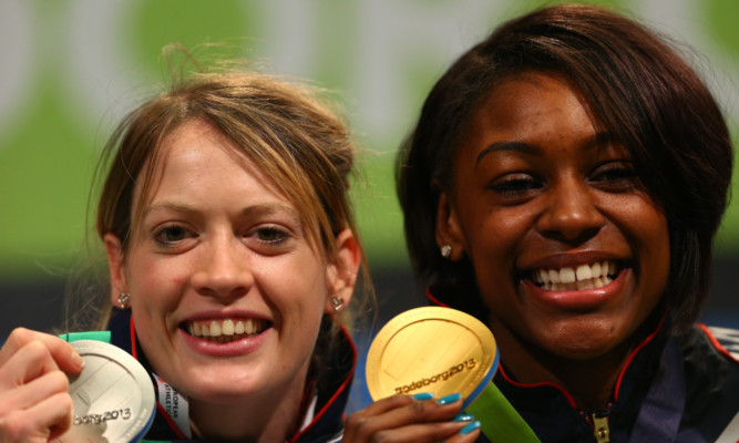 Eilidh with team-mate Perri Shakes-Drayton, silver and gold winners respectively in the Womens 400m at the European Indoor Athletics in Gothenburg.