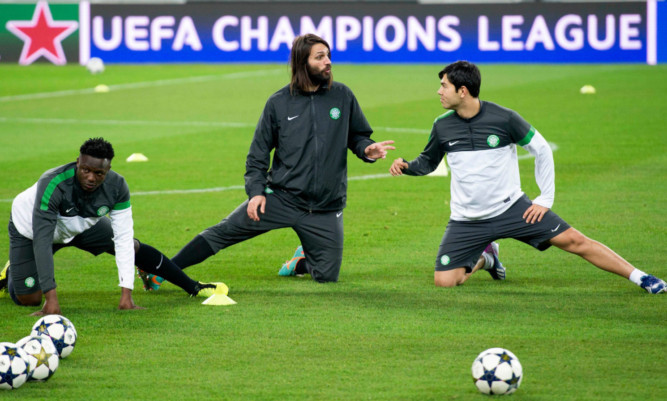 Celtic's Victor Wanyama, Georgios Samaras and Miku training at the Juventus Stadium.