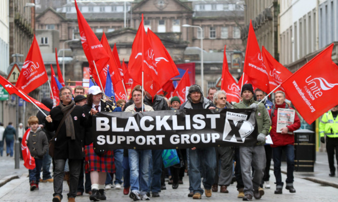 Unite members protested against blacklisting of construction workers in Dundee.