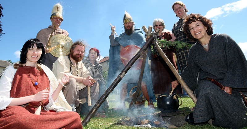 Steve MacDougall, Courier, Bellwood Riverside Park, Perth.  Prehistoric Crafts Events. Pictured, the Crannog Centre were on hand demonstrating iron-age skills. Left to right is Franziska Littner, Johannes Haidn, Dirk Sporleder, Renate Speler, Jurten Pawlitschko, Rejane Vannier, Karen Hudson and Barrie Andrian.