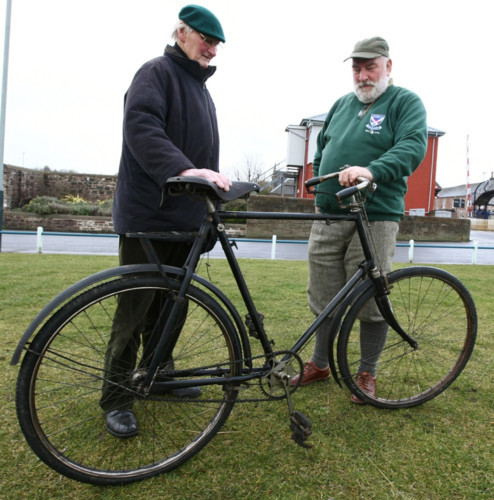 A rare 107-year-old bicycle was back on the streets of Carnoustie on March 17 after decades encased in oil in a garage loft. Vintage bike enthusiast Andrew Wilson from Banff brought his Raleigh no 33 back to its original home at Coral Cottage for the Scottish Veteran Cycle Club tour of the local area. Bill McLean (left) who found the bike, and Mr Wilson, who now owns and rides it.