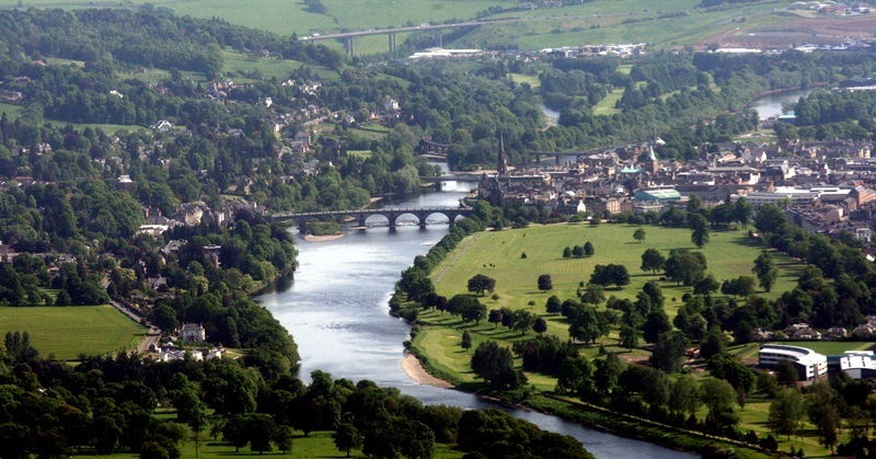 Aerial view of Perth.   Pictured, a view of Perth with the new St Johns Acadmey bottom right, leading on to the North Inch and the Perth Bridges: Perth Bridge, Queens Bridge, Perth Rail Bridge and in the distance, Friarton Bridge.
