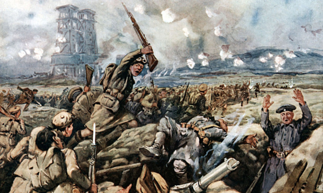 A drawing depicting a Scottish regiment fighting German troops at the Battle of Loos.