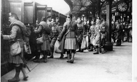 Members of the Black Watch leave Dundee station- 330 soldiers from the regiment were killed or wounded at the Battle of Loos.