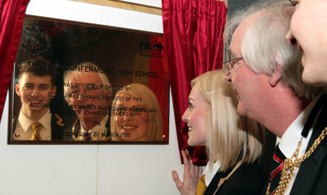 (From left) Head Boy Alexander Johnstone, Provost of Fife Jim Leishman, and Head Girl Amber Russell.
