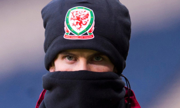 Gareth Bale takes on the look of a masked assassin at Wales training on Thursday.