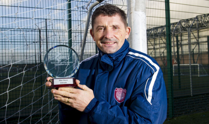 Arbroath manager Allan Moore collected his SPFL League Two Manager of the Month award on Monday.