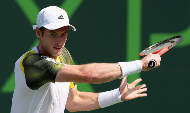 Andy Murray plays a hand against Bernard Tomic during their second round match.