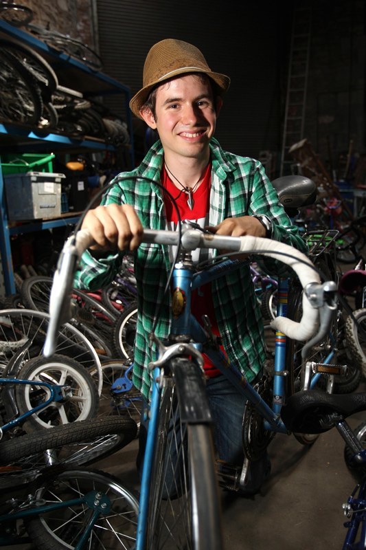 Kris Miller, Courier, 28/06/10, News. Picture today at Tayside Recyclers, Dundee. Pic shows Peter Ananin with the recycled bike that he is going to cycle from John O'Groats to Lands End.