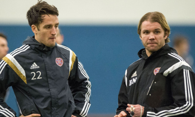 Brad McKay with Hearts manager Robbie Neilson.