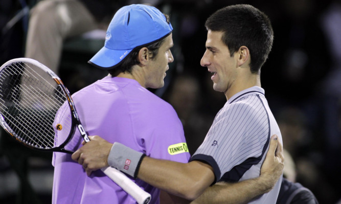 Novak Djokovic congratulates Tommy Haas after the German's victory.