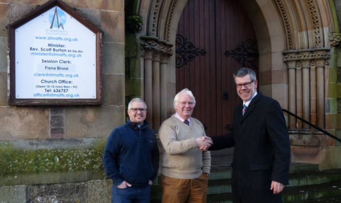Mr Scott Burton, left, and St Matthews fundraising convener Tom Morrison congratulate Gordon Butt, right, of Hardies who is taking on the project management of the churchs lottery application development work.