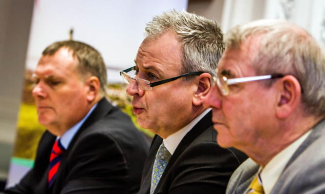 From left: council director of city development Mike Galloway, chief executive David Martin and administration leader Councillor Ken Guild at last week's press conference to announce the massive rise in the project's cost.