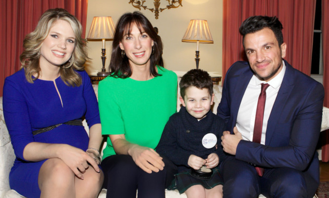 Milo Carter with, from left, TV presenter Charlotte Hawkins, Samantha Cameron and singer Peter Andre.