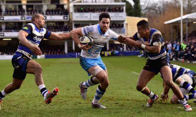 Sean Maitland is caught at the line in the last moments of the epic Bath-Glasgow match.