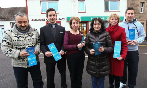 From left: Peter Borella of the Aero Cafe, Joe Grady of Leuchars Pharmacy, Mary Thiesen of Leuchars Post Office, Loretta Borella, Councillor Lesley Laird and William Richmond of Richmond Sport.