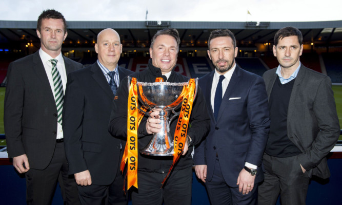 As the Scottish League Cup Semi-Finals approach QTS Managing Director Alan McLeish (centre) joins (L/R) Celtic Manager Ronny Deila, Rangers Caretaker Manager Kenny McDowall, Aberdeen Manager Derek McInnes and Dundee United Manager Jackie McNamara at Hampden
