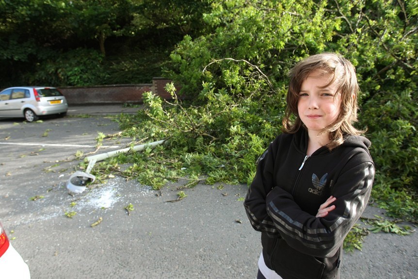 DOUGIE NICOLSON, COURIER, 04/07/10, NEWS.
DATE - Sunday 4th July 2010.
LOCATION - Dens Road, Dundee.
EVENT - Tree blown down in gales.
INFO - Eyewitness 12 year olf Rhianne Grieve beside the tree and remains of the lampost.
STORY BY - Reporters.