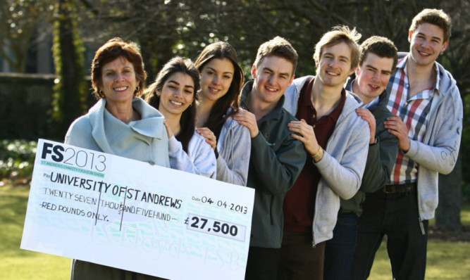 St Andrews University principal Professor Louise Richardson with (from left) Hannah Portner, Victoria Bucci, Guy Hartley, Euan Kerr, Andrew Ratomski and Finn Stevenson.